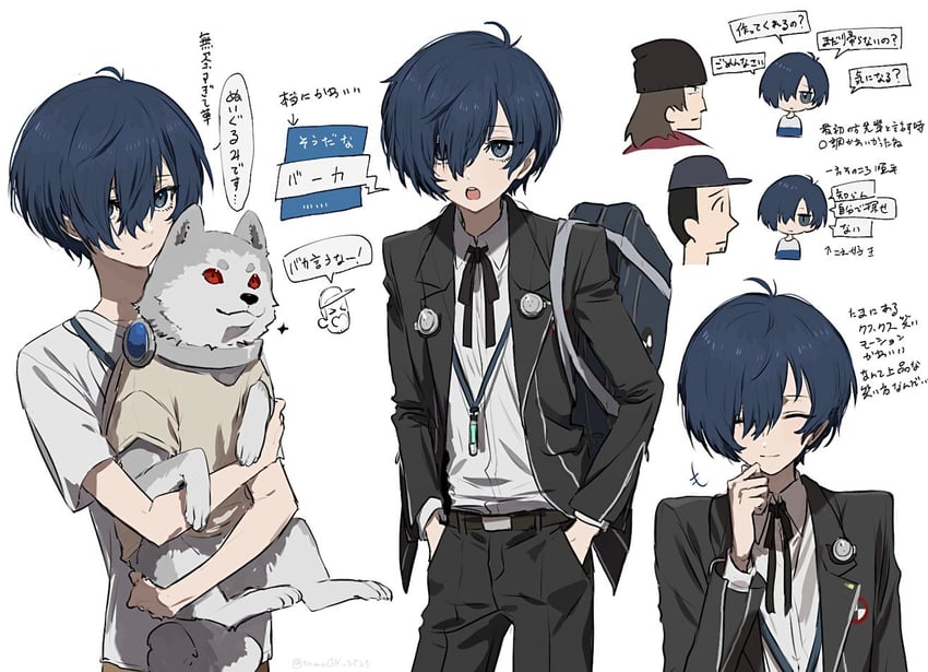 yuuki makoto, aragaki shinjirou, iori junpei, and koromaru (persona and 1 more) drawn by tamaon_2525
