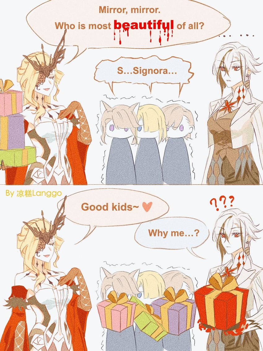 arlecchino, lynette, lyney, freminet, and signora (genshin impact) drawn by langgo