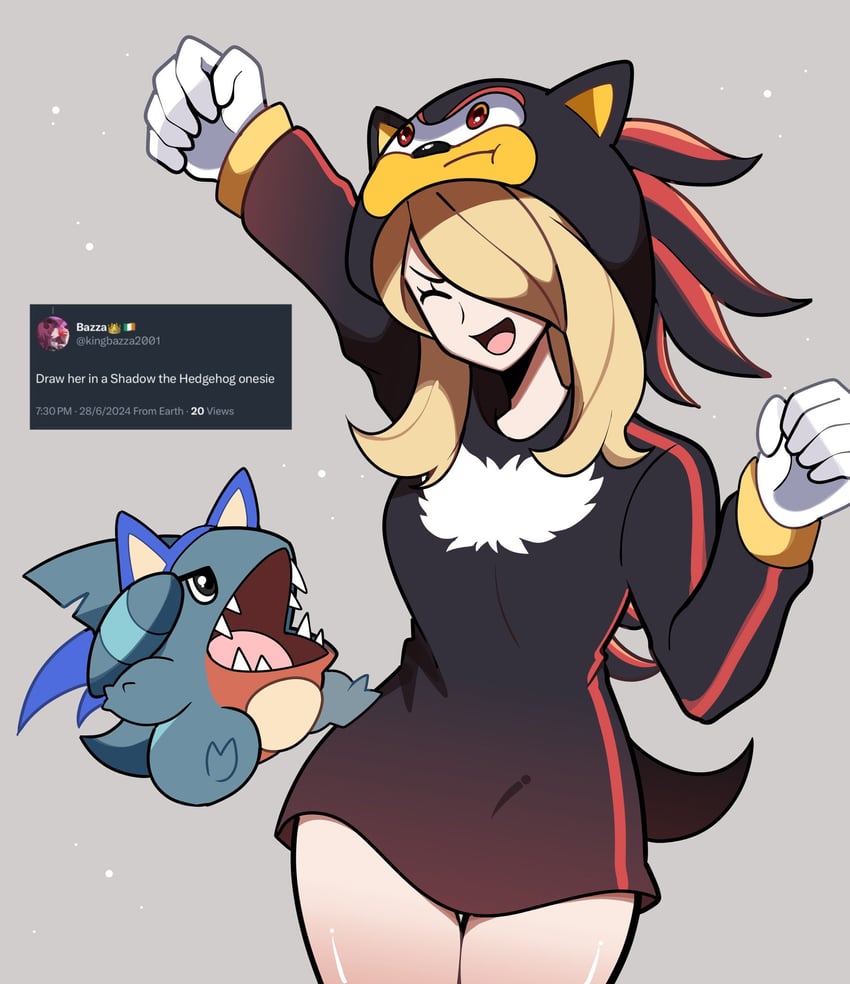 cynthia, sonic the hedgehog, shadow the hedgehog, and gible (pokemon and 2 more) drawn by touyarokii