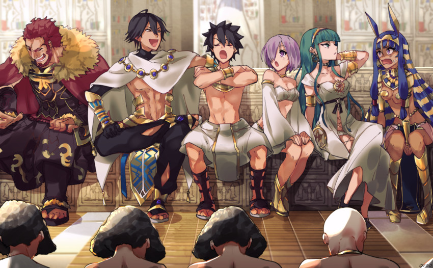 mash kyrielight, fujimaru ritsuka, iskandar, nitocris, ozymandias, and 1 more (fate and 1 more) drawn by carimarica
