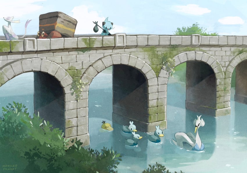 psyduck, mienshao, swanna, dewott, ducklett, and 1 more (pokemon) drawn by mokuzou_(moku_ssbu)