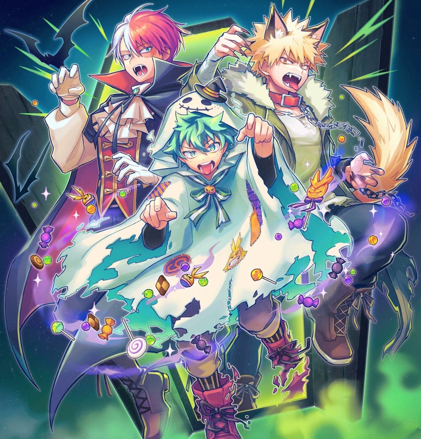 midoriya izuku, bakugou katsuki, todoroki shoto, and all might (boku no hero academia) drawn by mecyo_(mamezurushiki)