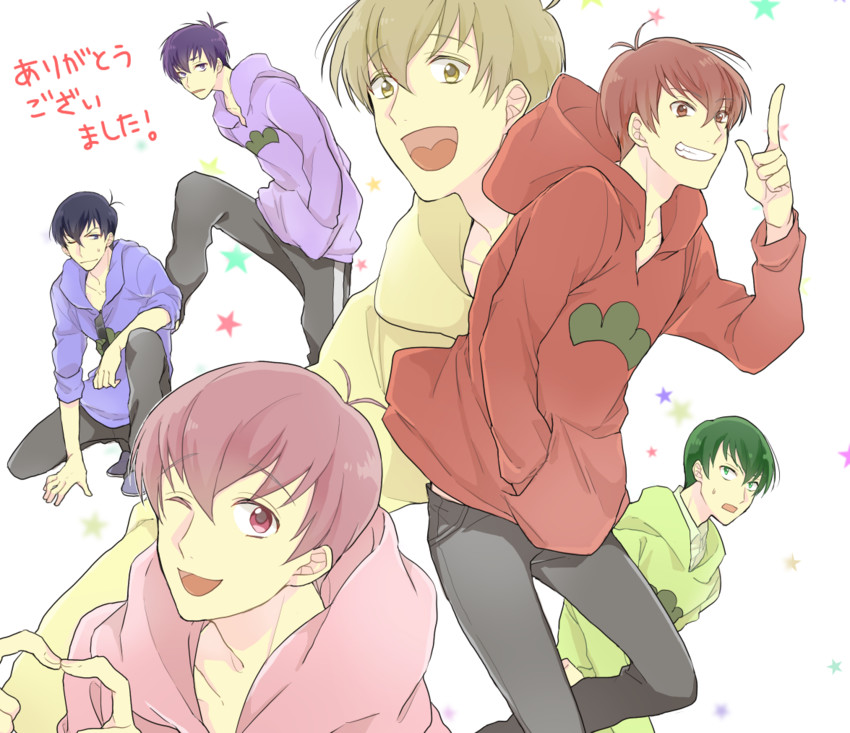 matsuno osomatsu, matsuno karamatsu, matsuno ichimatsu, matsuno jyushimatsu, matsuno choromatsu, and 1 more (osomatsu and 1 more) drawn by watada