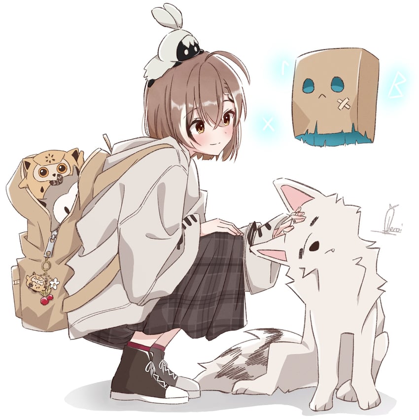 nanashi mumei, friend, hootsie, hooman, and animal (hololive and 2 more) drawn by daikon_keroi
