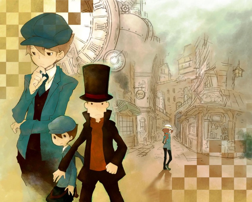 hershel layton, luke triton, and future luke (professor layton and 1 more) drawn by kuusou_ryodan