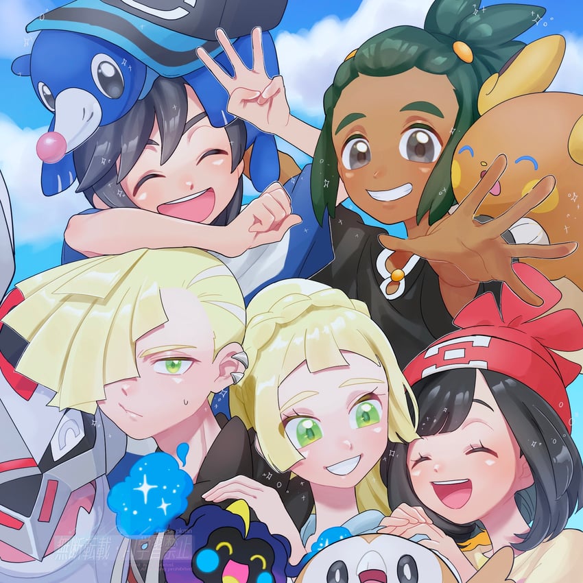 lillie, selene, rowlet, elio, gladion, and 5 more (pokemon and 1 more) drawn by aria_pkmn