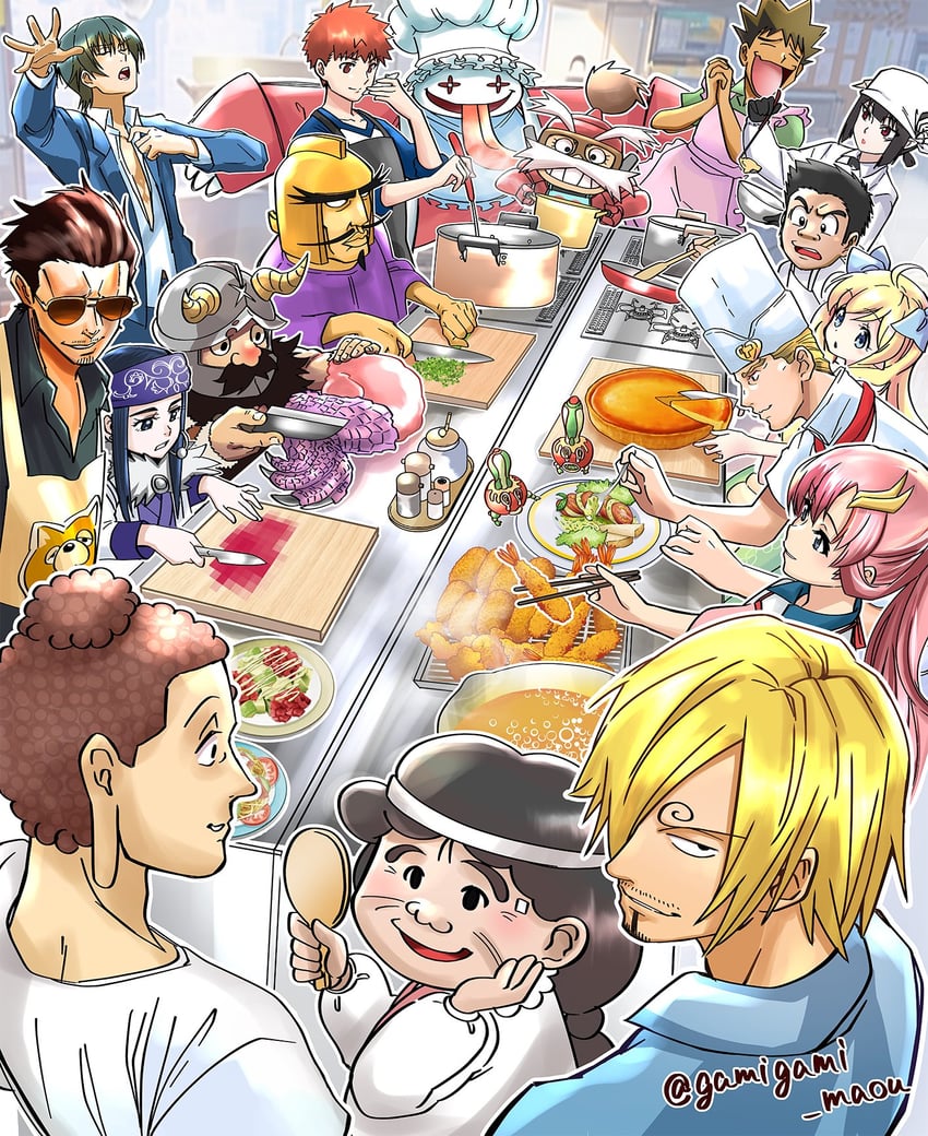 emiya shirou, sanji, senshi, lacus clyne, asirpa, and 13 more (fate and 20 more) drawn by gamigami_maou_(artist)