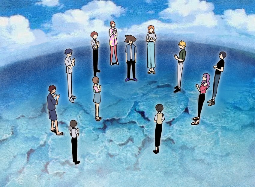 yagami hikari, yagami taichi, tachikawa mimi, takenouchi sora, takaishi takeru, and 7 more (neon genesis evangelion and 2 more) drawn by oh_sorry_01