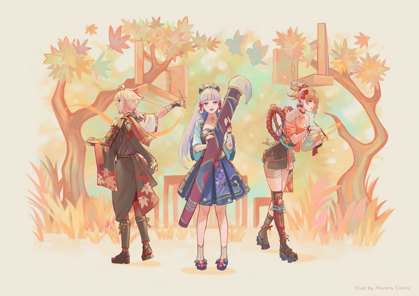 kamisato ayaka, kaedehara kazuha, and yoimiya (genshin impact) drawn by afureru_colors