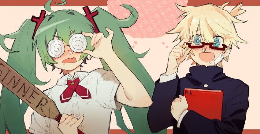 hatsune miku and kagamine len (vocaloid and 2 more) drawn by p_(pm_611a)