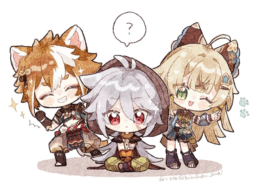 kirara, gorou, and razor (genshin impact) drawn by nekorune_(bukubuku_awai)