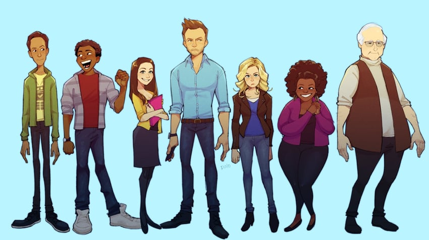 troy barnes, abed nadir, britta perry, annie edison, jeff winger, and 2 more (community) drawn by dummydino