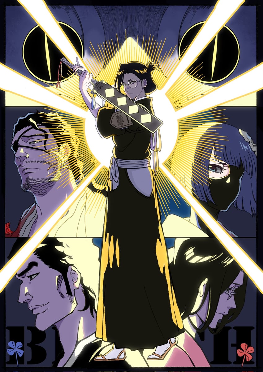 ise nanao, kyouraku shunsui, katen kyoukotsu, lille barro, kyouraku shunzan, and 1 more (bleach and 1 more) drawn by shaolong