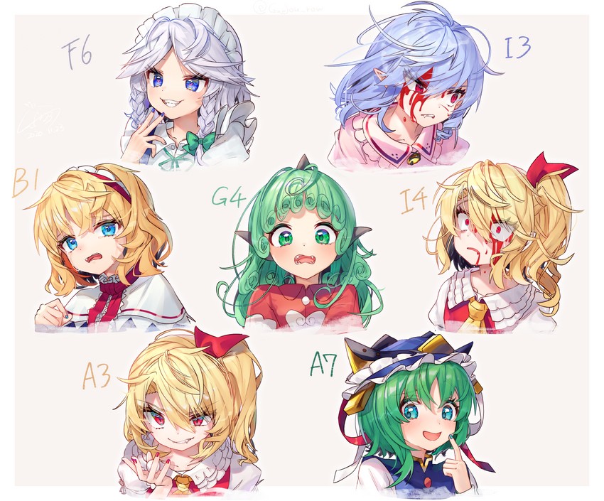 remilia scarlet, flandre scarlet, izayoi sakuya, alice margatroid, shiki eiki, and 1 more (touhou) drawn by gunjou_row