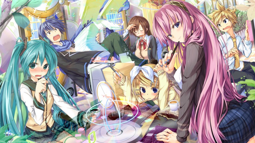 hatsune miku, kagamine rin, kagamine len, megurine luka, kaito, and 1 more (vocaloid) drawn by daidou_(demitasse)