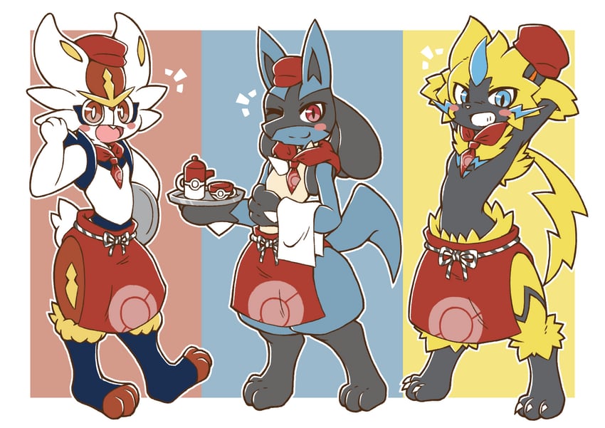 lucario, cinderace, and zeraora (pokemon and 1 more) drawn by acky