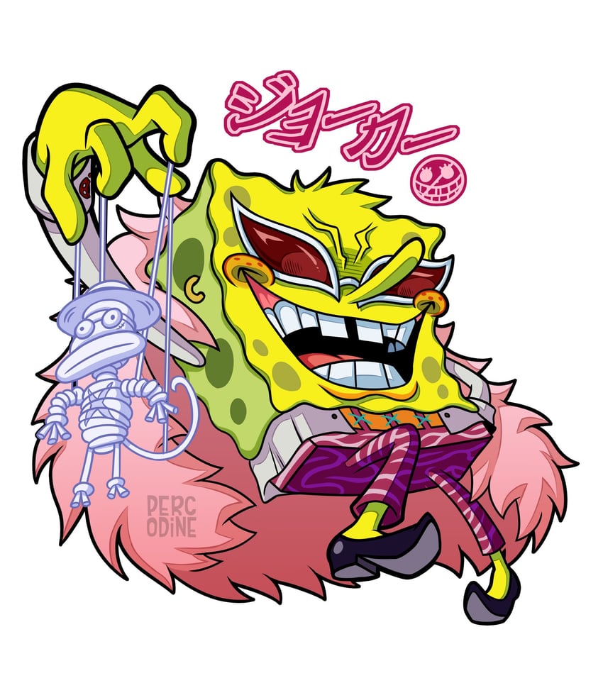 donquixote doflamingo and spongebob squarepants (one piece and 1 more) drawn by percodine