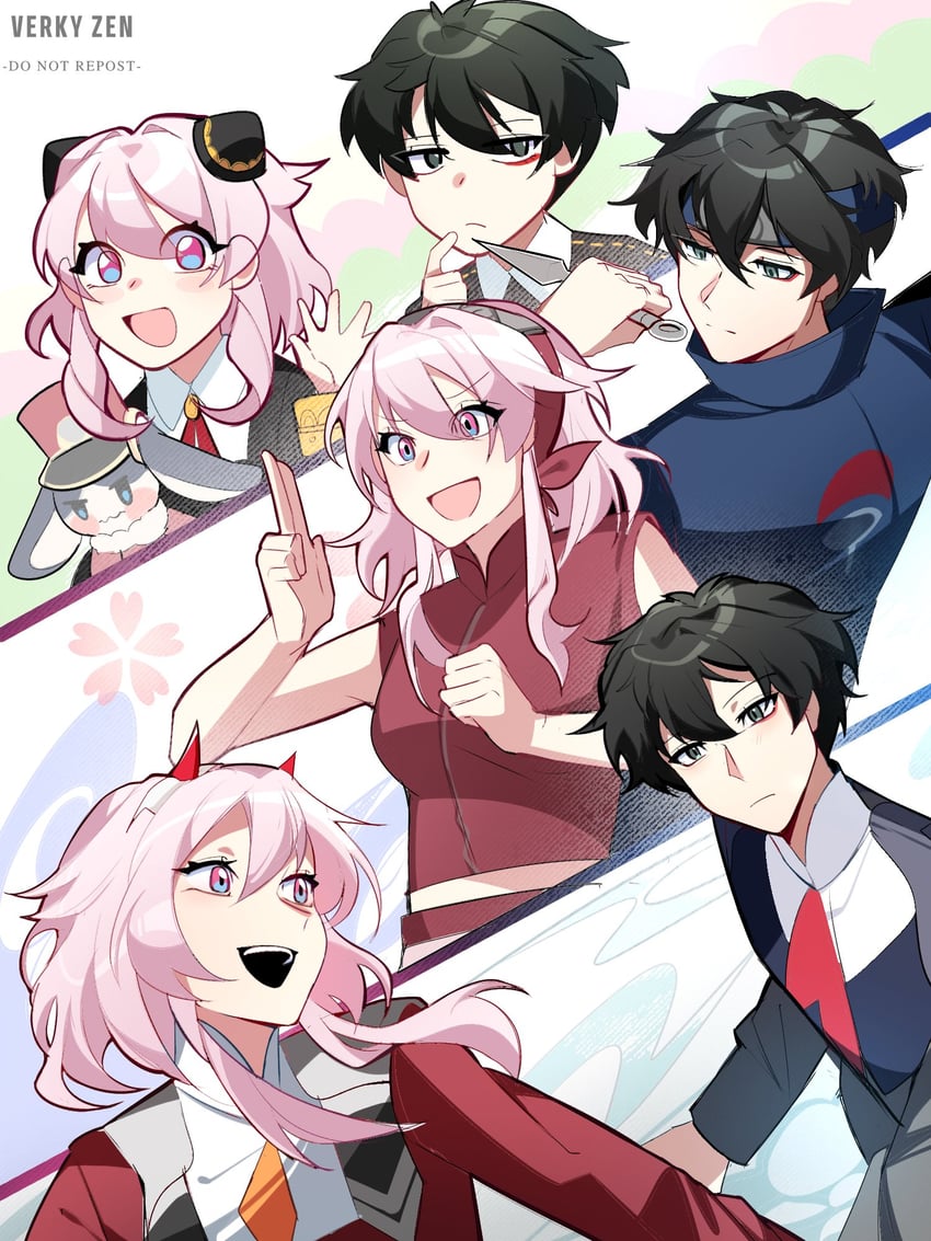 anya, march 7th, zero two, haruno sakura, dan heng, and 4 more (honkai and 4 more) drawn by verkyzen