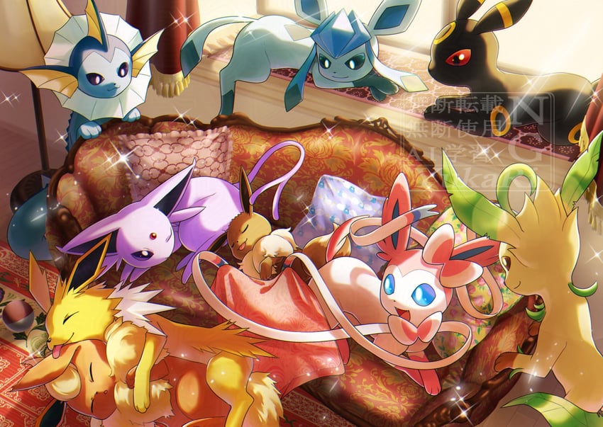 eevee, sylveon, umbreon, glaceon, vaporeon, and 4 more (pokemon) drawn by yukari_(yukari21653710)