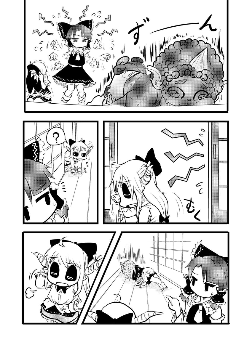 hakurei reimu, kirisame marisa, ibuki suika, and komano aunn (touhou) drawn by chamaji