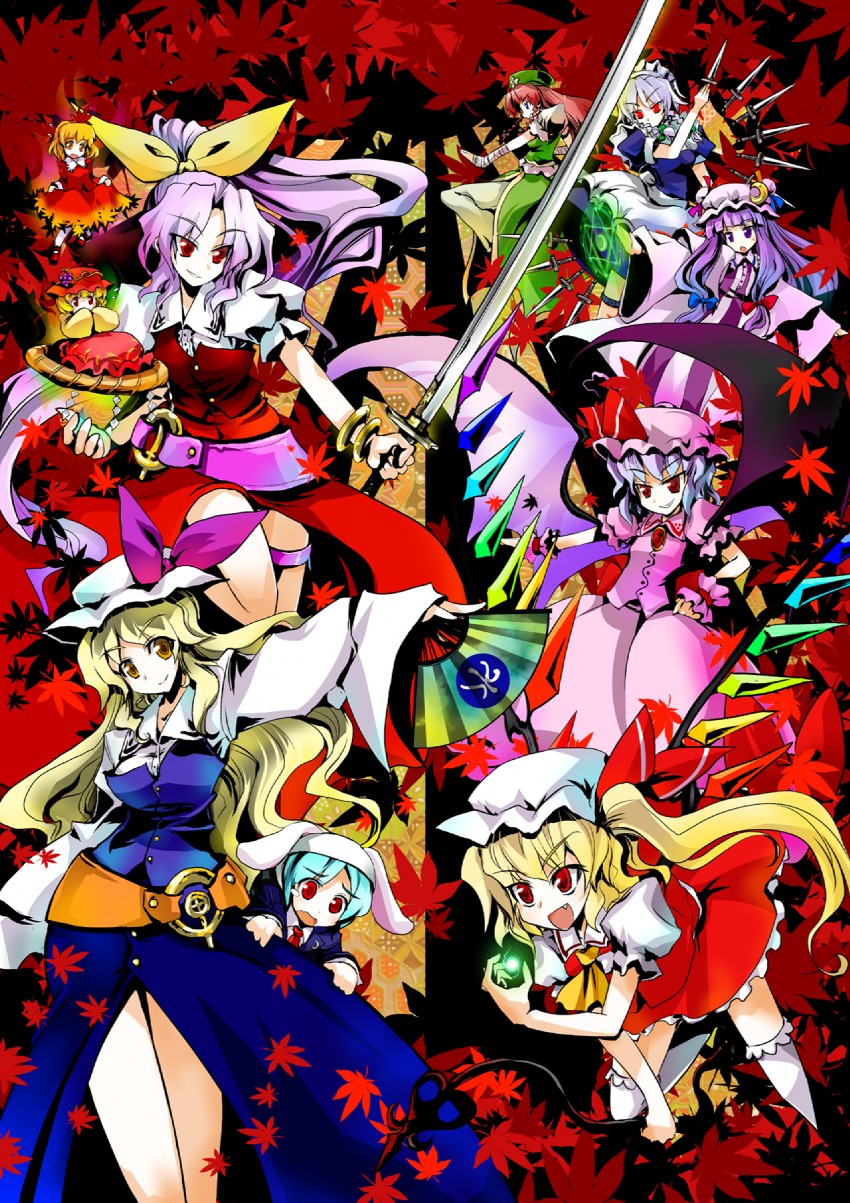 remilia scarlet, flandre scarlet, izayoi sakuya, patchouli knowledge, hong meiling, and 5 more (touhou) drawn by pfalz