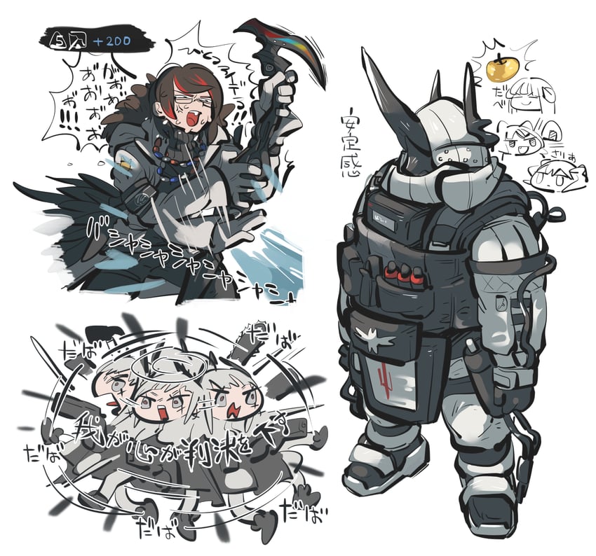 mudrock, saria, irene, saga, bagpipe, and 1 more (arknights) drawn by tirarizun