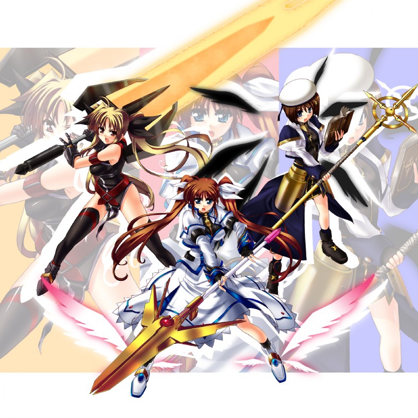 fate testarossa, takamachi nanoha, yagami hayate, raising heart, bardiche, and 2 more (lyrical nanoha and 1 more) drawn by iga_tamaki