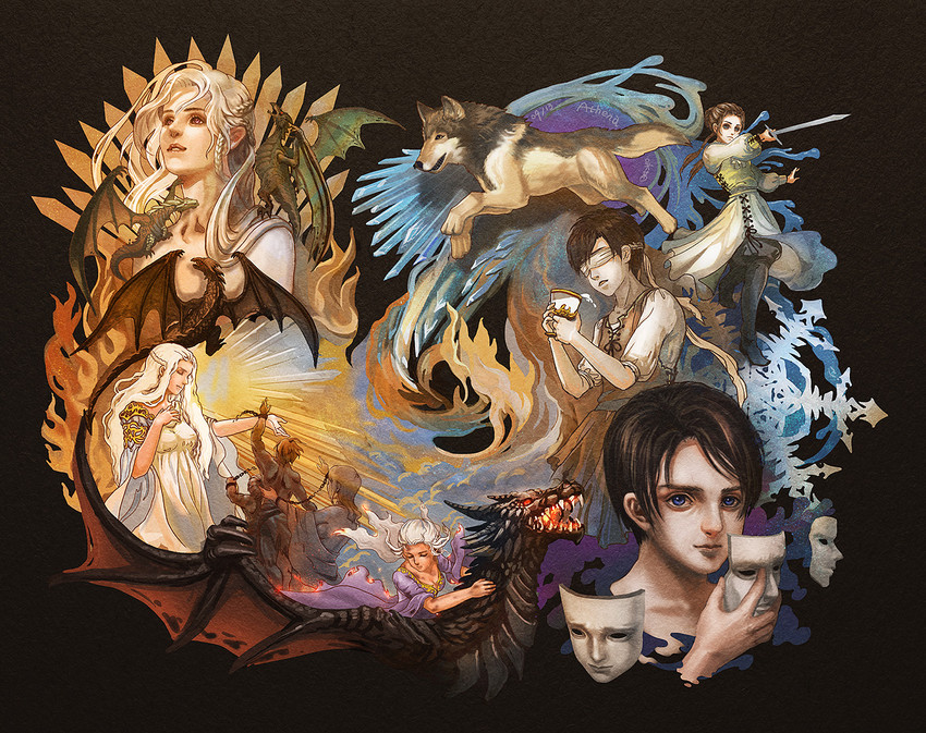 daenerys targaryen, arya stark, drogon, viserion, and rhaegal (a song of ice and fire) drawn by athena-erocith
