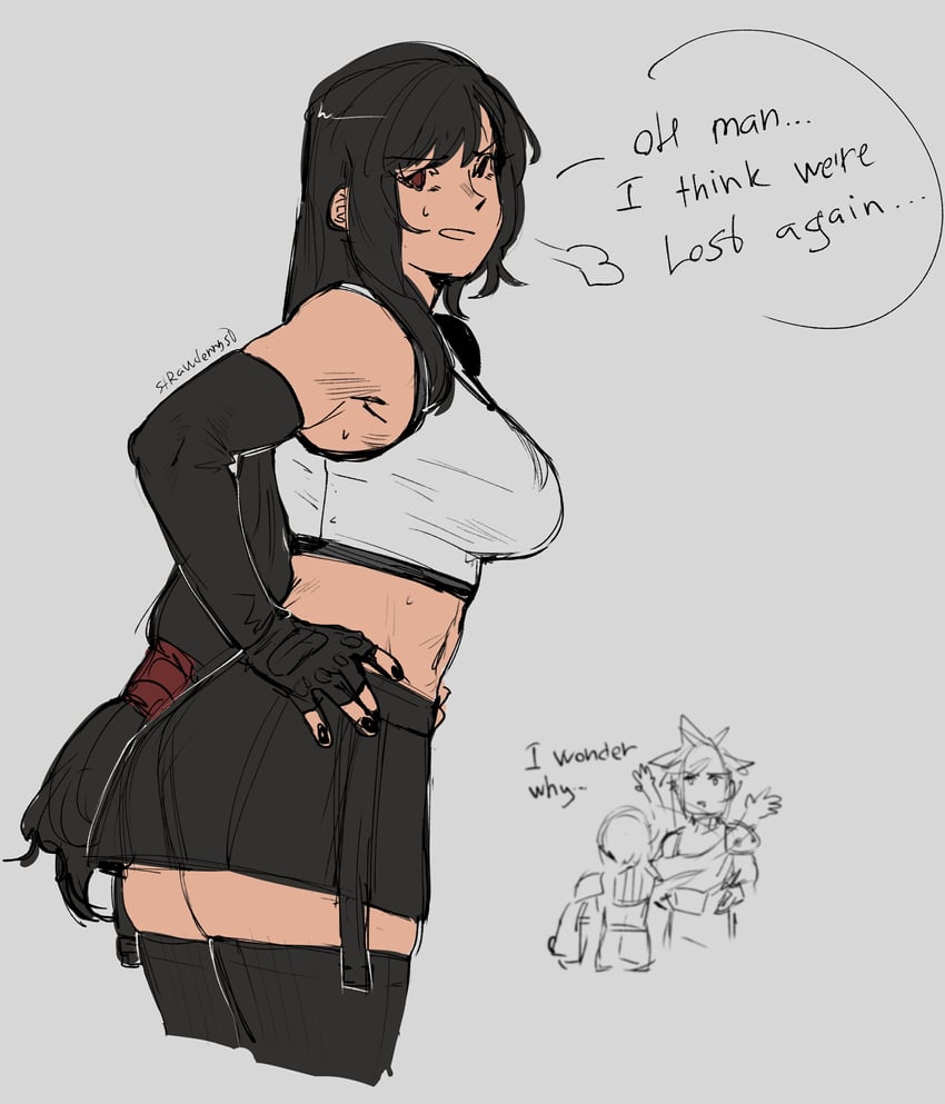 tifa lockhart, cloud strife, and yuffie kisaragi (final fantasy and 3 more) drawn by strawderryst
