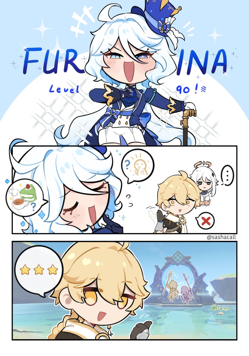 raiden shogun, aether, furina, zhongli, venti, and 1 more (genshin impact) drawn by sashacall
