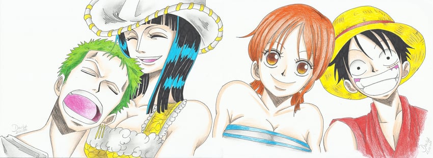 nami, monkey d. luffy, nico robin, and roronoa zoro (one piece) drawn by dachy_shawol