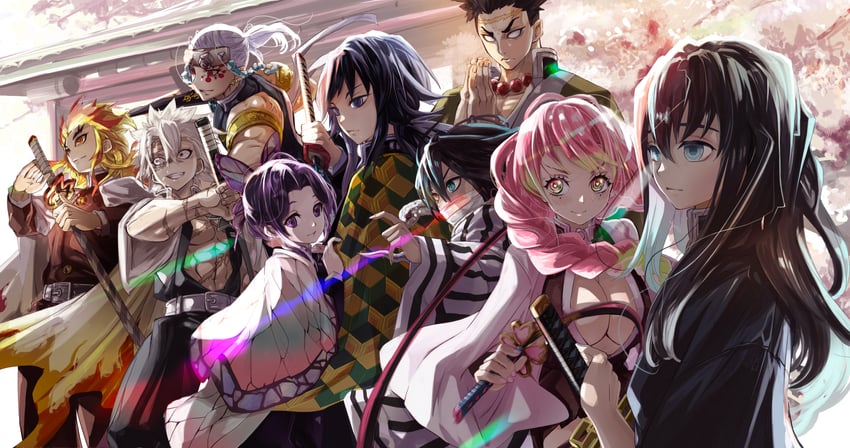 kochou shinobu, kanroji mitsuri, rengoku kyoujurou, tomioka giyuu, tokitou muichirou, and 4 more (kimetsu no yaiba) drawn by l.f.