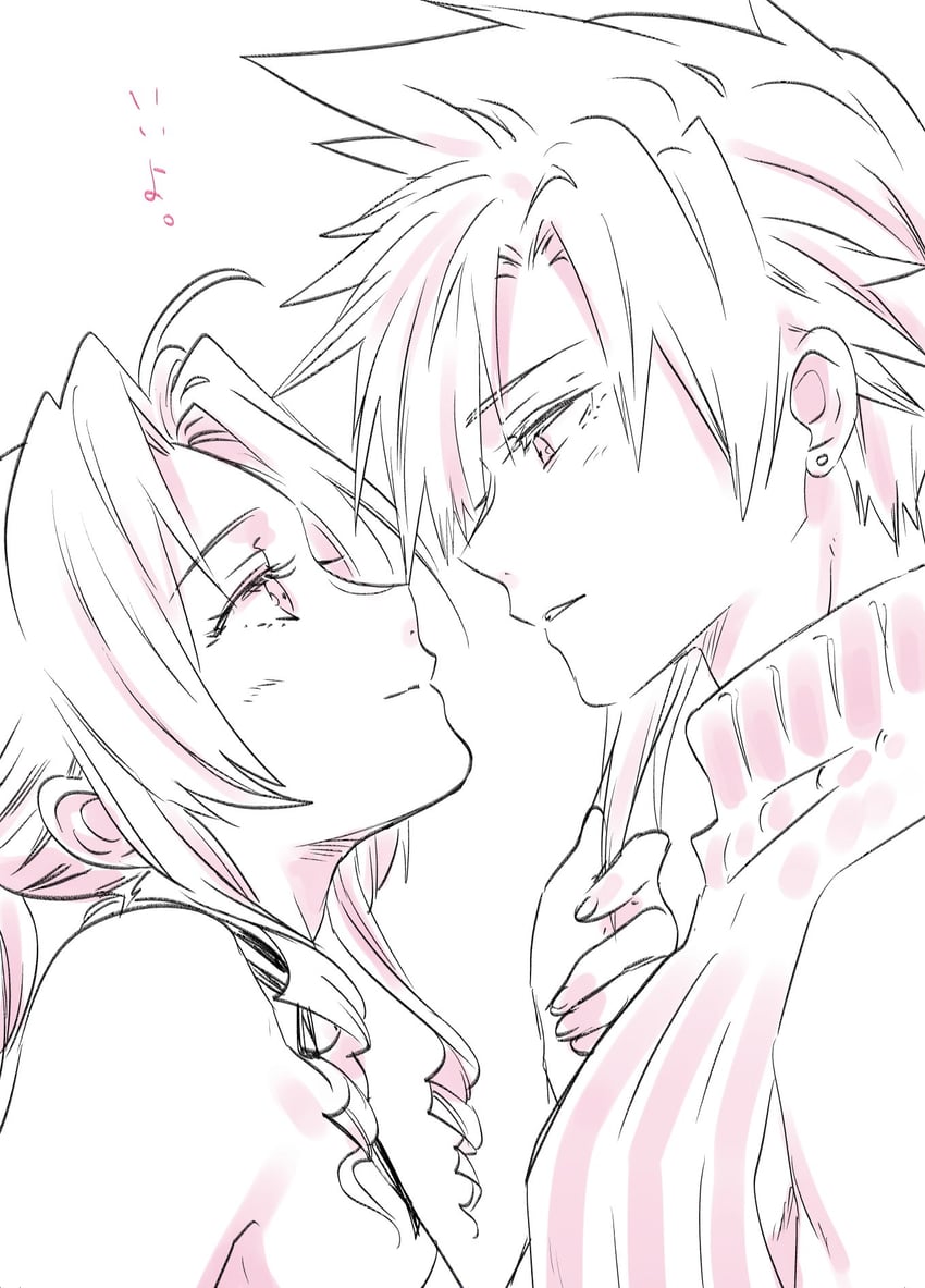 cloud strife and aerith gainsborough (final fantasy and 1 more) drawn by ikuhashi_muiko