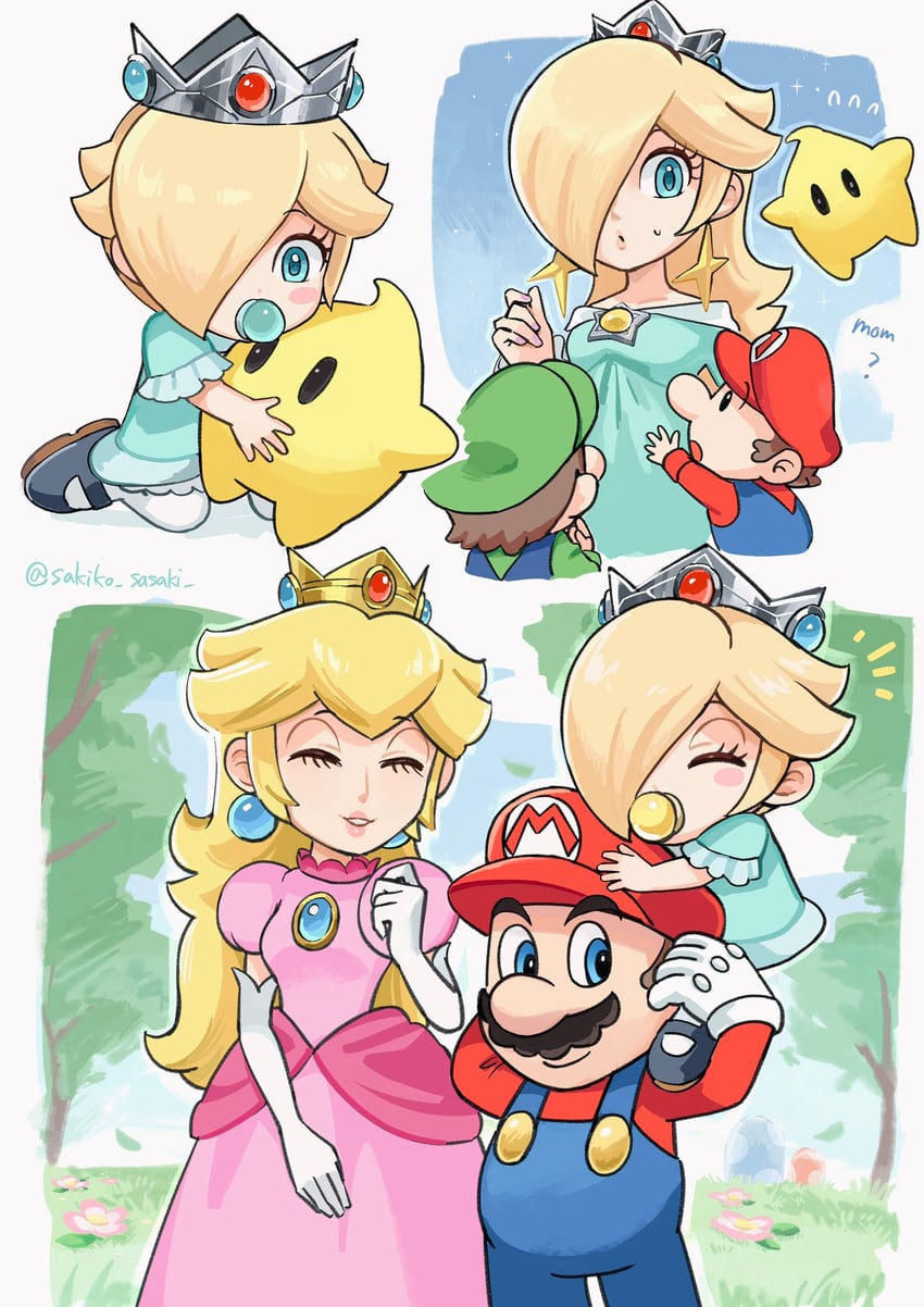 princess peach, mario, rosalina, luigi, luma, and 3 more (mario) drawn by sasaki_sakiko