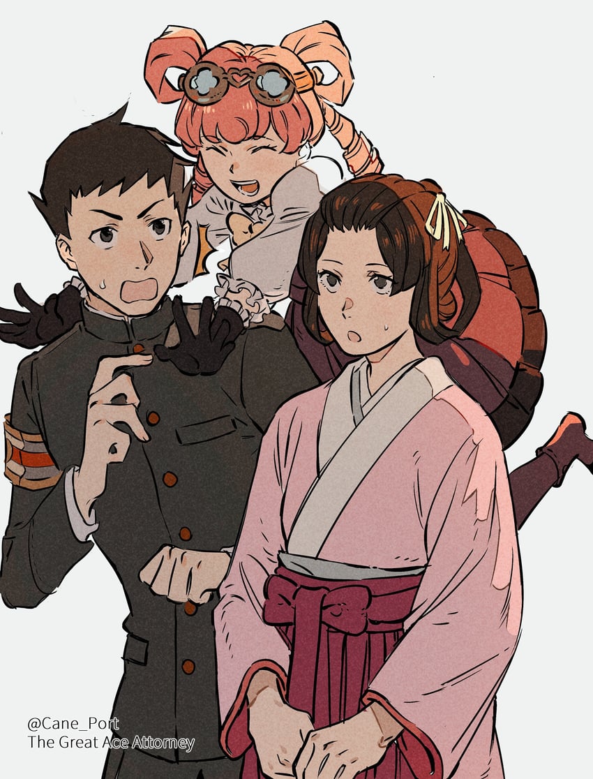 ryunosuke naruhodo, susato mikotoba, and iris wilson (ace attorney and 1 more) drawn by cane_port