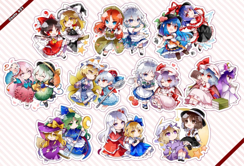 hakurei reimu, kirisame marisa, remilia scarlet, flandre scarlet, izayoi sakuya, and 13 more (touhou) drawn by kutsuki_kai