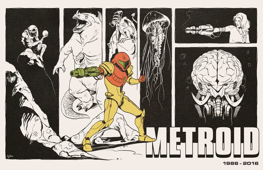 samus aran, ridley, mother brain, kraid, and chozo statue (metroid) drawn by nathan_anderson