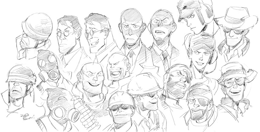 pyro, scout, engineer, medic, heavy, and 4 more (team fortress 2) drawn by kotteri