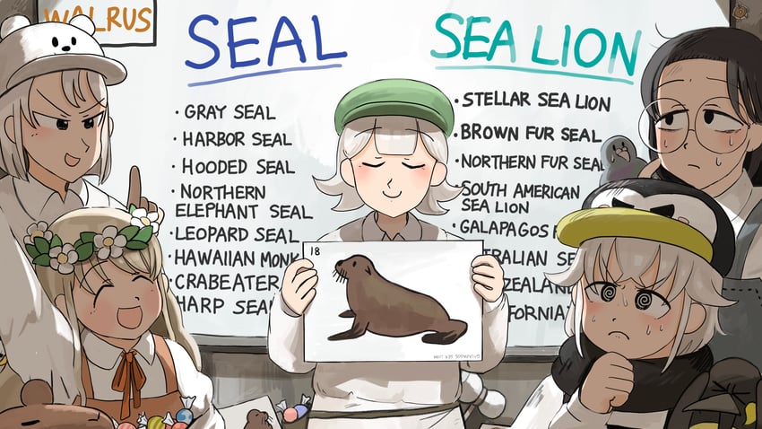penguin keeper, seal keeper, polar bear keeper, urban area keeper, and capybara keeper (zookeepers) drawn by diva_(hyxpk)
