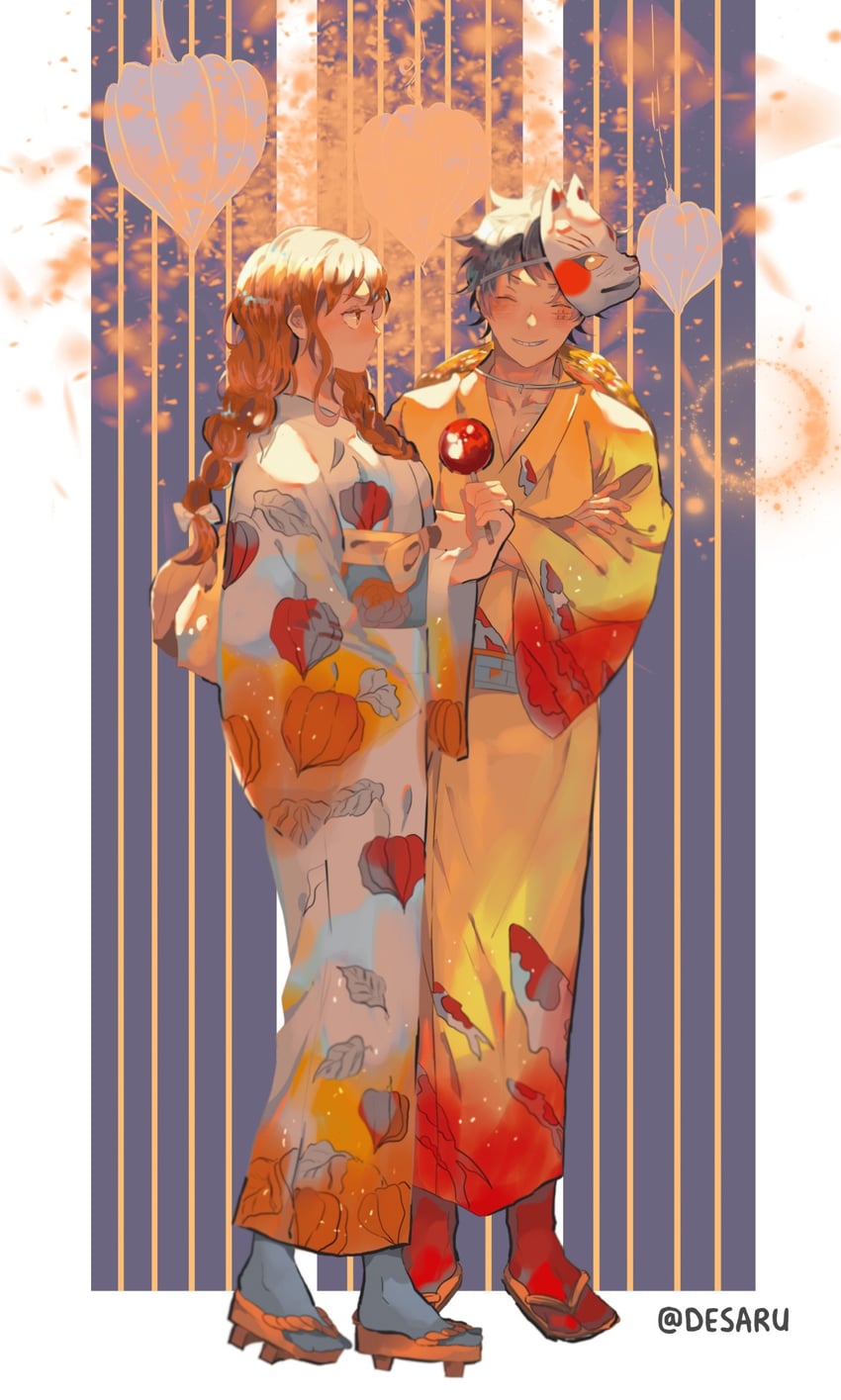 nami and monkey d. luffy (one piece) drawn by desaru