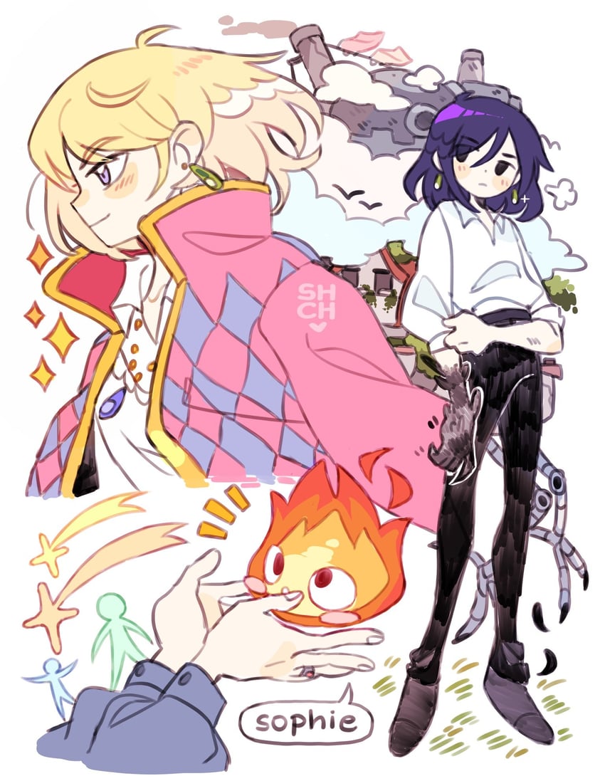 howl pendragon, sophie hatter, and calcifer (howl no ugoku shiro) drawn by sharpycharot