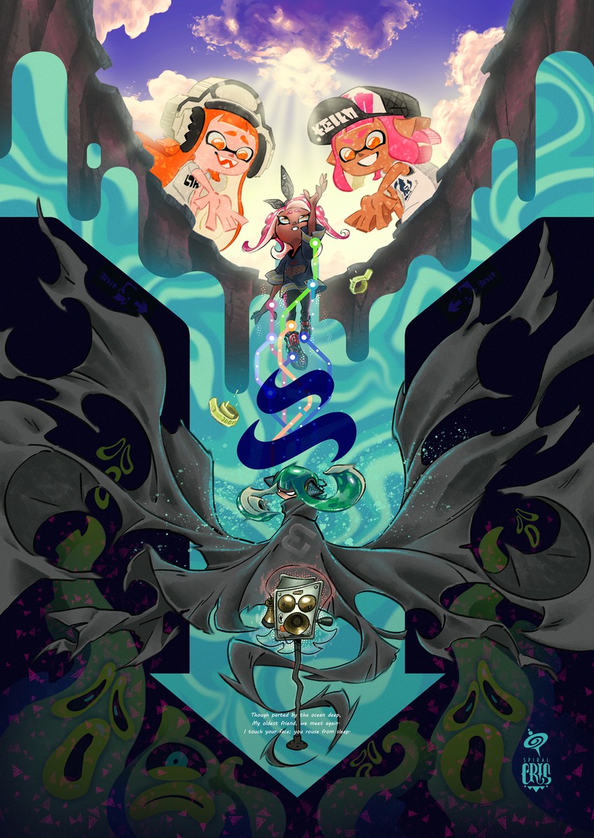 inkling player character, inkling girl, octoling player character, agent 3, kaori, and 2 more (splatoon and 2 more) drawn by spiral_cris