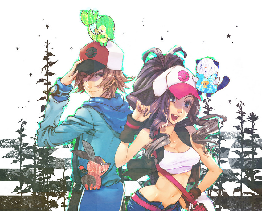 hilda, hilbert, oshawott, snivy, and tepig (pokemon and 1 more) drawn by riato