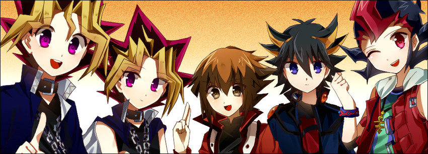 yuki judai, fudo yusei, muto yugi, atem, and tsukumo yuma (yu-gi-oh! and 4 more) drawn by jea0526