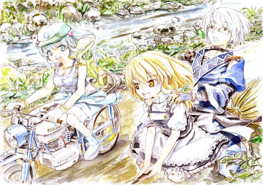 kirisame marisa, kawashiro nitori, morichika rinnosuke, and justaway (touhou and 2 more) drawn by master_(4th)