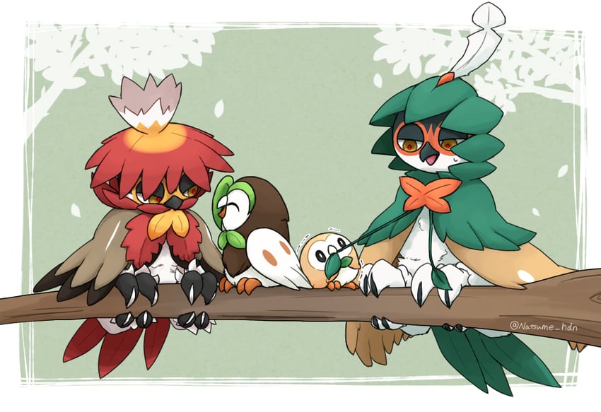 rowlet, decidueye, hisuian decidueye, and dartrix (pokemon) drawn by hidane_(natsume_hdn)