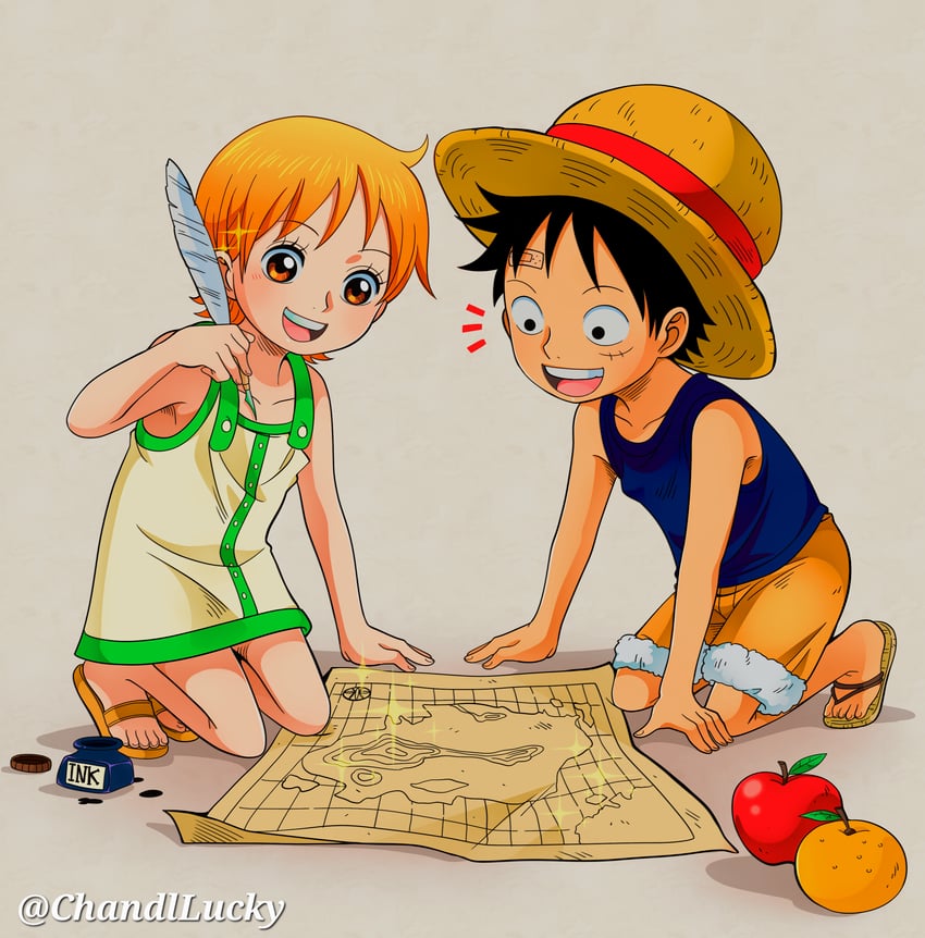 nami and monkey d. luffy (one piece) drawn by chandllucky