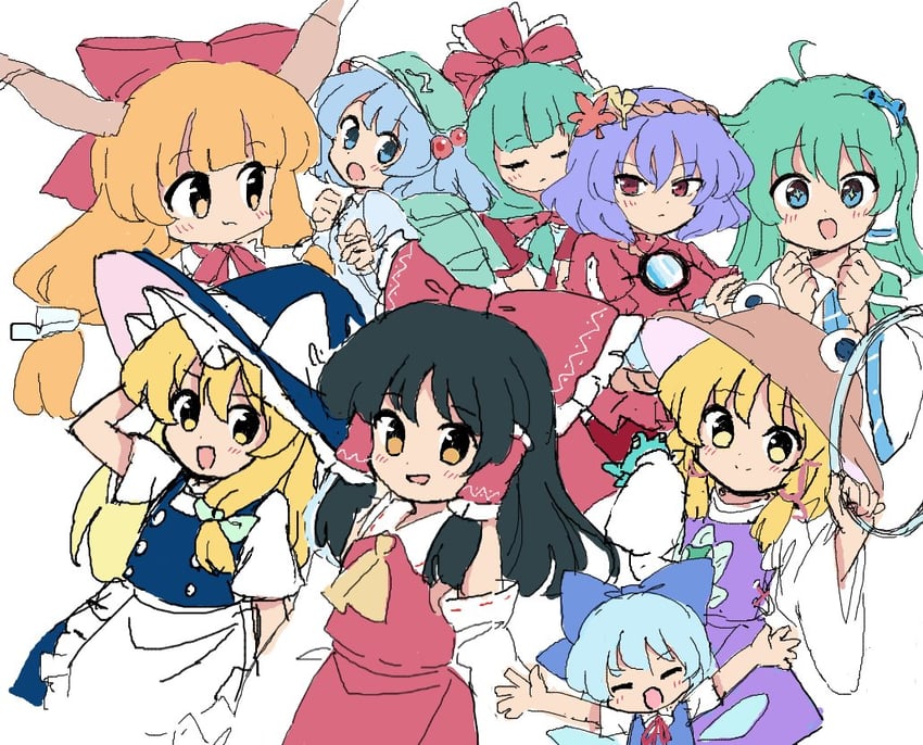 hakurei reimu, kirisame marisa, kochiya sanae, cirno, shameimaru aya, and 5 more (touhou) drawn by ramudia_(lamyun)