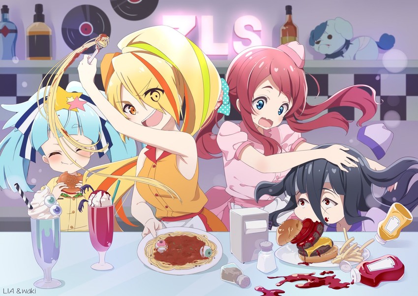 minamoto sakura, nikaidou saki, hoshikawa lily, yamada tae, and romero (zombie land saga) drawn by neki_(wakiko)