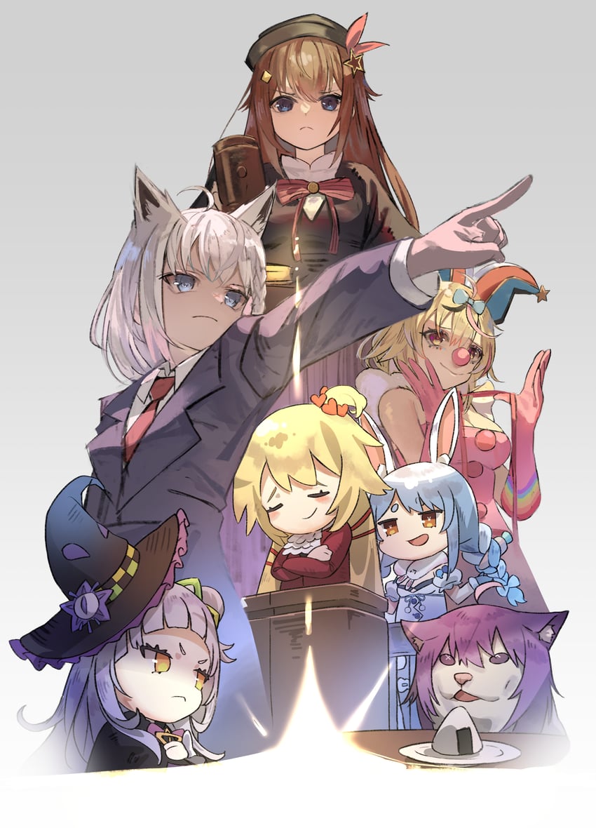 shirakami fubuki, usada pekora, nekomata okayu, murasaki shion, omaru polka, and 5 more (hololive and 3 more) drawn by kouhiipan
